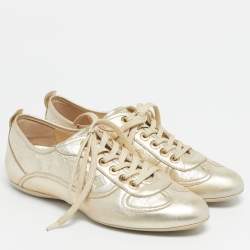 Pre Owned Louis Vuitton Gold Monogram Leather Trainers Lace Up Sneakers Size 38