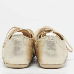 Pre Owned Louis Vuitton Gold Monogram Leather Trainers Lace Up Sneakers Size 38
