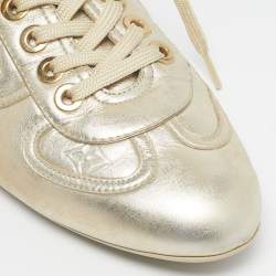 Pre Owned Louis Vuitton Gold Monogram Leather Trainers Lace Up Sneakers Size 38
