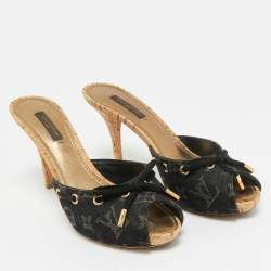 Pre Owned Louis Vuitton Black Monogram Denim Mules Size 37