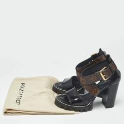 Pre Owned Louis Vuitton Brown/Black Monogram Canvas and Patent Cross Ankle Strap Sandals Size 36.5