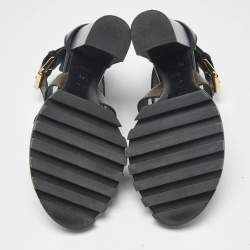 Pre Owned Louis Vuitton Brown/Black Monogram Canvas and Patent Cross Ankle Strap Sandals Size 36.5