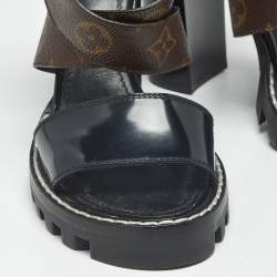 Pre Owned Louis Vuitton Brown/Black Monogram Canvas and Patent Cross Ankle Strap Sandals Size 36.5