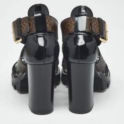 Pre Owned Louis Vuitton Brown/Black Monogram Canvas and Patent Cross Ankle Strap Sandals Size 36.5