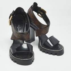 Pre Owned Louis Vuitton Brown/Black Monogram Canvas and Patent Cross Ankle Strap Sandals Size 36.5