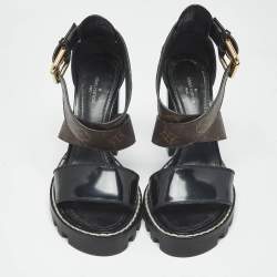 Pre Owned Louis Vuitton Brown/Black Monogram Canvas and Patent Cross Ankle Strap Sandals Size 36.5