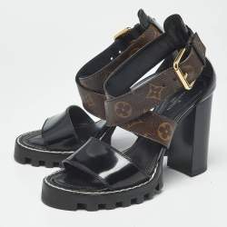Pre Owned Louis Vuitton Brown/Black Monogram Canvas and Patent Cross Ankle Strap Sandals Size 36.5
