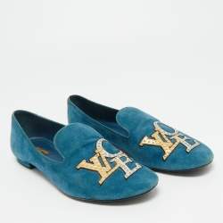 Pre Owned Louis Vuitton Blue Suede Addict Smoking Slippers Size 38.5