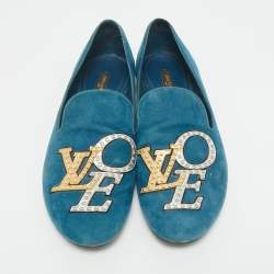 Pre Owned Louis Vuitton Blue Suede Addict Smoking Slippers Size 38.5