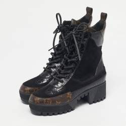 Pre Owned Louis Vuitton Two Tone Monogram Canvas and Leather Laureate Ankle Length Boots Size 36.5