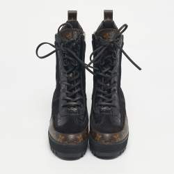 Pre Owned Louis Vuitton Two Tone Monogram Canvas and Leather Laureate Ankle Length Boots Size 36.5