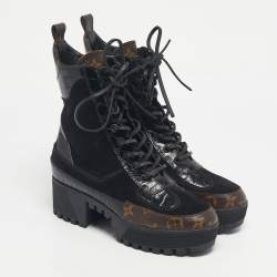 Pre Owned Louis Vuitton Two Tone Monogram Canvas and Leather Laureate Ankle Length Boots Size 36.5