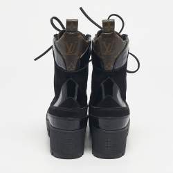 Pre Owned Louis Vuitton Two Tone Monogram Canvas and Leather Laureate Ankle Length Boots Size 36.5