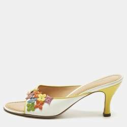 Pre Owned Louis Vuitton White Patent Leather Multicolor Flower Embellished Slide Sandals Size 37.5