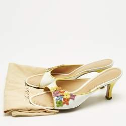 Pre Owned Louis Vuitton White Patent Leather Multicolor Flower Embellished Slide Sandals Size 37.5
