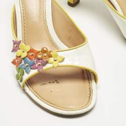 Pre Owned Louis Vuitton White Patent Leather Multicolor Flower Embellished Slide Sandals Size 37.5