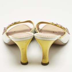 Pre Owned Louis Vuitton White Patent Leather Multicolor Flower Embellished Slide Sandals Size 37.5