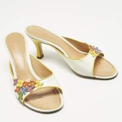 Pre Owned Louis Vuitton White Patent Leather Multicolor Flower Embellished Slide Sandals Size 37.5