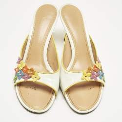 Pre Owned Louis Vuitton White Patent Leather Multicolor Flower Embellished Slide Sandals Size 37.5