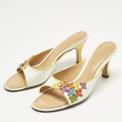 Pre Owned Louis Vuitton White Patent Leather Multicolor Flower Embellished Slide Sandals Size 37.5