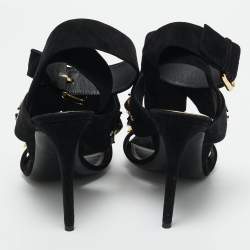 Pre Owned Louis Vuitton Black Suede Flower Embellished Ankle Strap Sandals Size 39.5