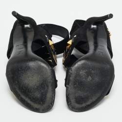 Pre Owned Louis Vuitton Black Suede Flower Embellished Ankle Strap Sandals Size 39.5