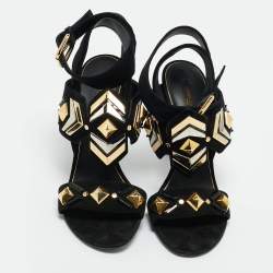 Pre Owned Louis Vuitton Black Suede Flower Embellished Ankle Strap Sandals Size 39.5