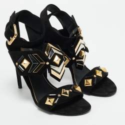 Pre Owned Louis Vuitton Black Suede Flower Embellished Ankle Strap Sandals Size 39.5