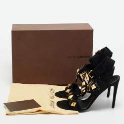 Pre Owned Louis Vuitton Black Suede Flower Embellished Ankle Strap Sandals Size 39.5