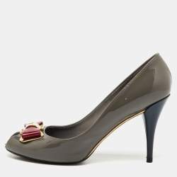 Pre Owned Louis Vuitton Grey Patent Leather Lou Peep Toe Pumps Size 37