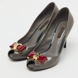 Pre Owned Louis Vuitton Grey Patent Leather Lou Peep Toe Pumps Size 37