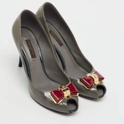 Pre Owned Louis Vuitton Grey Patent Leather Lou Peep Toe Pumps Size 37