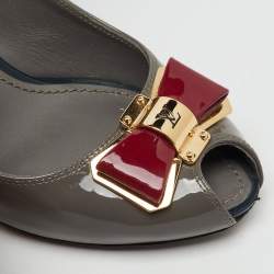 Pre Owned Louis Vuitton Grey Patent Leather Lou Peep Toe Pumps Size 37