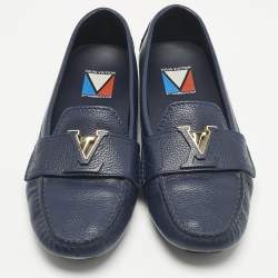 Pre Owned Louis Vuitton Navy Blue Leather LV Mare Loafers Size 38.5