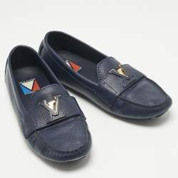 Pre Owned Louis Vuitton Navy Blue Leather LV Mare Loafers Size 38.5