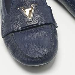 Pre Owned Louis Vuitton Navy Blue Leather LV Mare Loafers Size 38.5