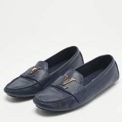 Pre Owned Louis Vuitton Navy Blue Leather LV Mare Loafers Size 38.5