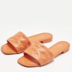 Pre Owned Louis Vuitton Orange  Monogram Embossed Leather Revival Flat Slides Size 39