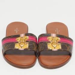 Pre Owned Louis Vuitton Brown Monogram Canvas Summer Trunks Flat Slides Size 37