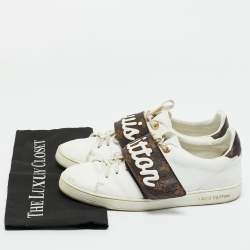 Pre Owned Louis Vuitton White/Brown Monogram Canvas and Leather Frontrow Lace Up Sneakers Size 38.5
