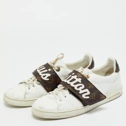 Pre Owned Louis Vuitton White/Brown Monogram Canvas and Leather Frontrow Lace Up Sneakers Size 38.5