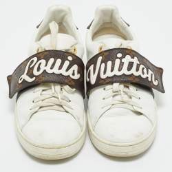 Pre Owned Louis Vuitton White/Brown Monogram Canvas and Leather Frontrow Lace Up Sneakers Size 38.5