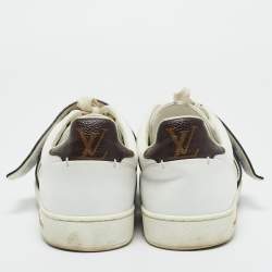Pre Owned Louis Vuitton White/Brown Monogram Canvas and Leather Frontrow Lace Up Sneakers Size 38.5