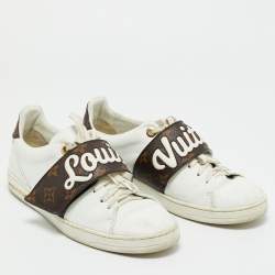 Pre Owned Louis Vuitton White/Brown Monogram Canvas and Leather Frontrow Lace Up Sneakers Size 38.5