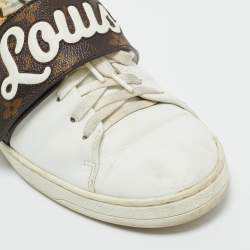 Pre Owned Louis Vuitton White/Brown Monogram Canvas and Leather Frontrow Lace Up Sneakers Size 38.5