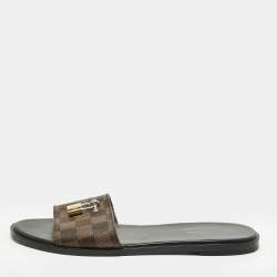Pre Owned Louis Vuitton Brown Monogram Canvas Lock It Slides Sandals Size 39.5