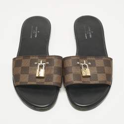 Pre Owned Louis Vuitton Brown Monogram Canvas Lock It Slides Sandals Size 39.5