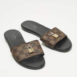 Pre Owned Louis Vuitton Brown Monogram Canvas Lock It Slides Sandals Size 39.5
