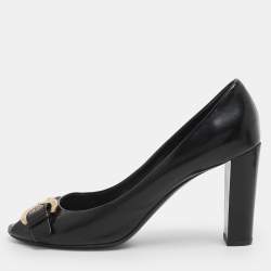 Pre Owned Louis Vuitton Black Patent Leather Buckle Peep Toe Pumps Size 38