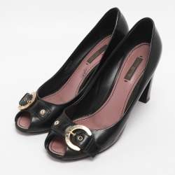 Pre Owned Louis Vuitton Black Patent Leather Buckle Peep Toe Pumps Size 38